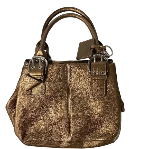 Tignanello Metallic Gold Bronze Leather Satchel Bag Chain-Print Lining - Picture 1 of 9